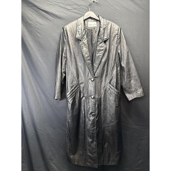 Source Unknown Jackets & Blazers - Vintage Donna Pelle‎ Leather Coat Womens Medium Black Long Trench Overcoat 90s